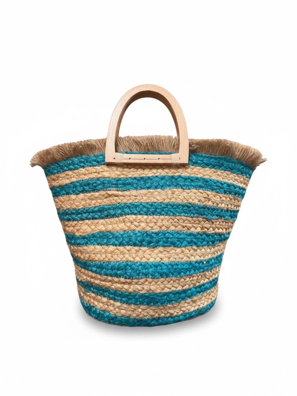Antik Kraft Hashree Turquoise Striped Jute Fringe Tote Bag